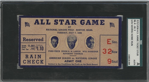 1936 All Star Game Ticket Stub - Lou Gehrig Home Run - SGC Auth